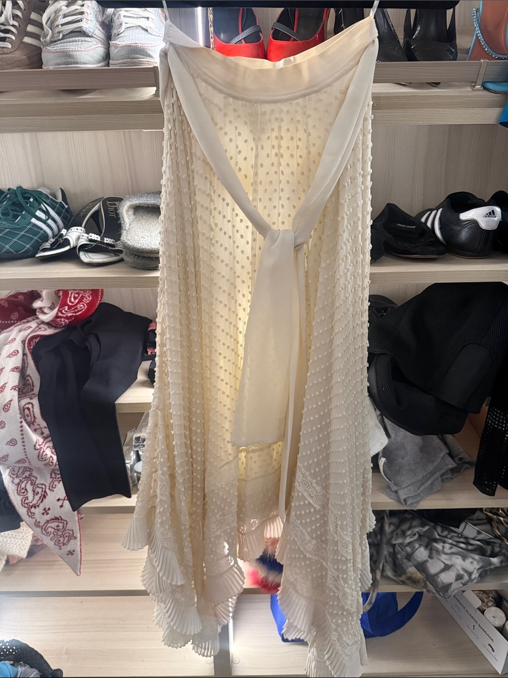 Zimmermann Cream Ivory Sheer Swiss Dot Pleated Maxi Skirt Boho  XS